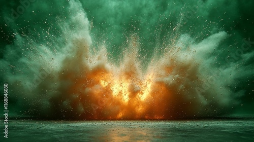 Explosive fireball on a green chromakey background. Generative AI photo