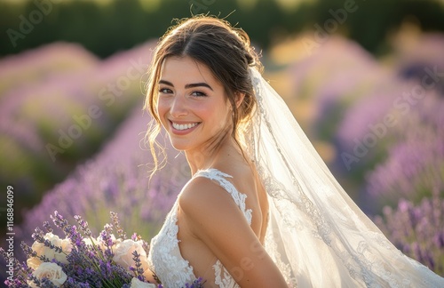A beautiful bride in her wedding dress smiles at the camera against the backdrop of lavender fields.
