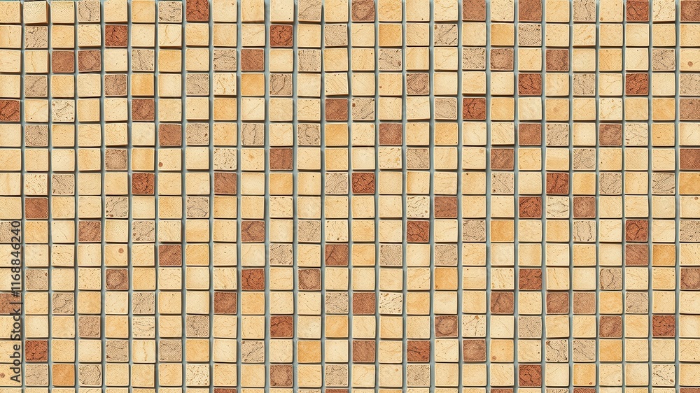 Fototapeta premium High-resolution image of a tiled surface with a repeating pattern of small square tiles in beige and brown hues