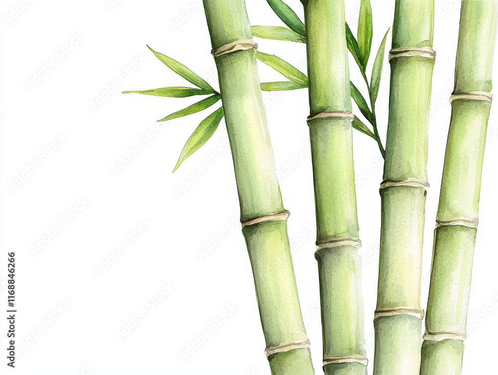 Fototapeta premium Watercolor bamboo tree with green stalks and leaves on white background