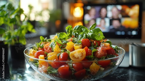 While participating in a remote work meeting, a person is engrossed in a video call and relishing a fresh salad photo