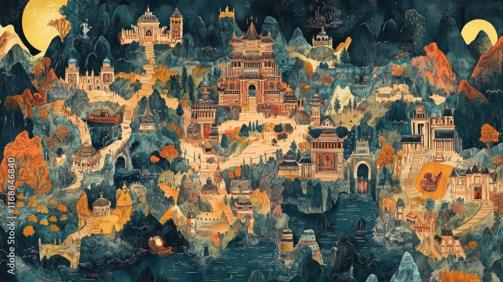 Naklejka premium A hand-drawn map of an ancient fantasy kingdom with detailed borders
