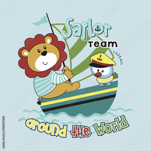 Adorable animal sailor vector illustration on a tropical island with cheerful little friends in a playful design
