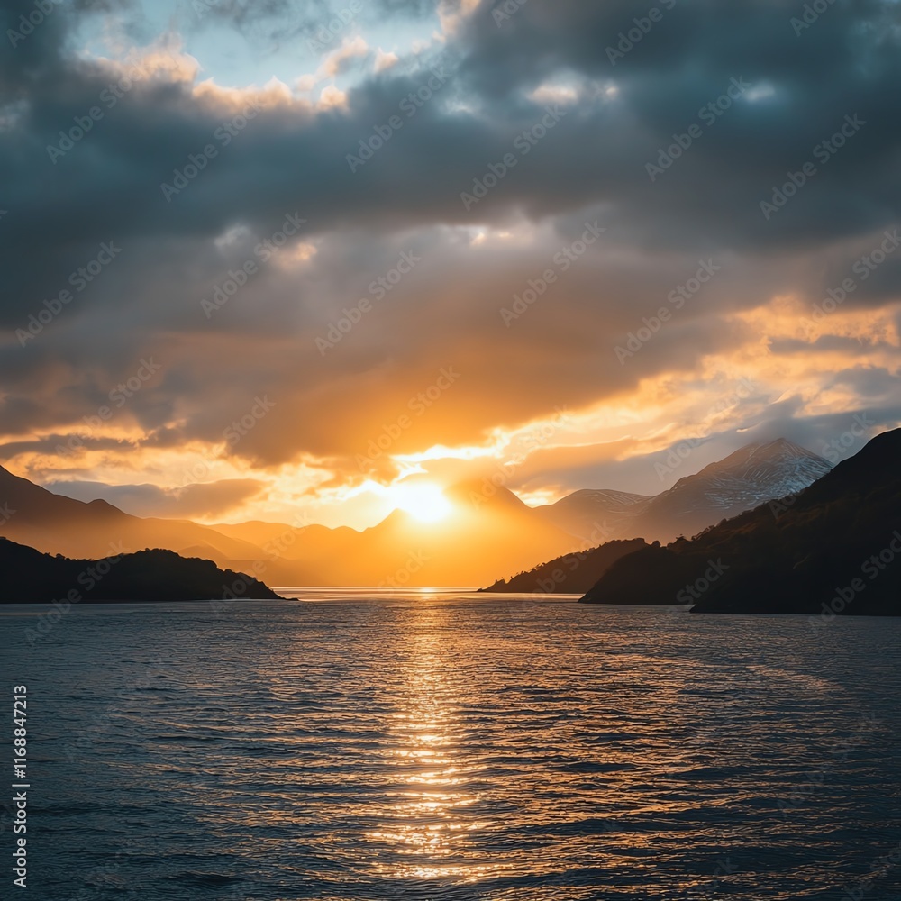 Serene sunset over mountains reflecting on calm water surface. Serene sunset over mountains reflecting on calm water surface.