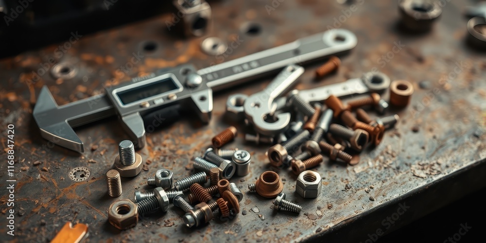Close-up view of assorted metal fasteners and precision measuring instrument on a weathered metallic surface Close-up view of assorted metal fasteners and precision measuring instrument on a weathered metallic surface