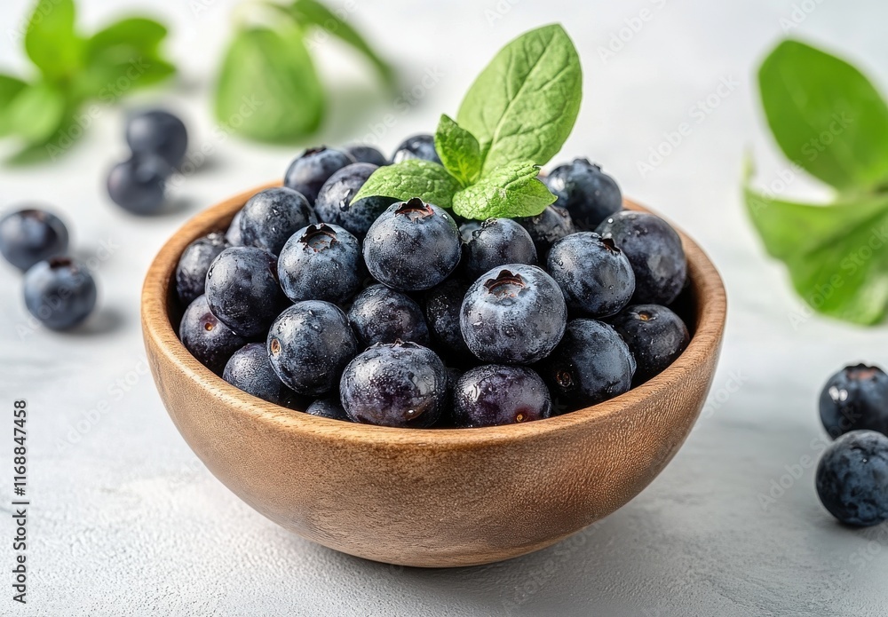 Fresh, Juicy Blueberries in a Wooden Bowl Surrounded by Green Mint Leaves on a Light Gray Background for Healthy Living, Cooking, and Organic Lifestyle Concepts Fresh, Juicy Blueberries in a Wooden Bowl Surrounded by Green Mint Leaves on a Light Gray Background for Healthy Living, Cooking, and Organic Lifestyle Concepts