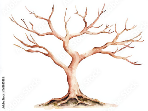 watercolor depiction of bare tree with intricate branches and roots