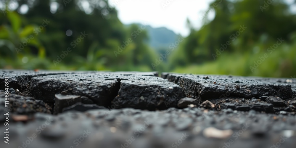 Fototapeta premium Close-up view of cracked asphalt paving, showing texture and deterioration against a blurred natural background