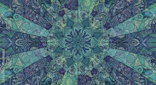 Teal and Purple Floral Mandala Pattern with Radial Symmetry