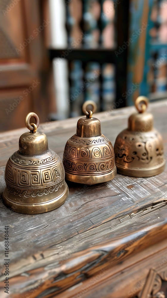 traditional brass bells with intricate designs placed on wooden table
