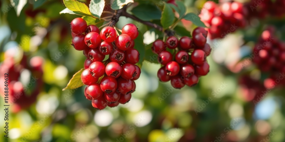 Vibrant Red Berries Cluster on Lush Green Foliage in Sunny Garden Vibrant Red Berries Cluster on Lush Green Foliage in Sunny Garden