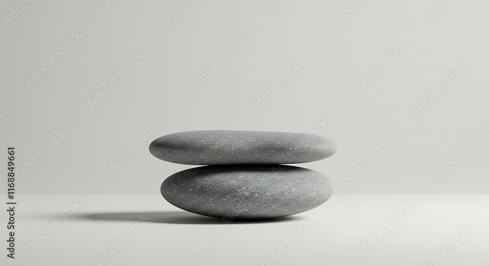 Two Grey Smooth Stones Stacked on Light Background Two Grey Smooth Stones Stacked on Light Background