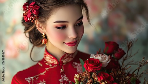 Wallpaper Mural A beautiful woman in a traditional red dress, holding flowers and roses with delicate makeup Torontodigital.ca