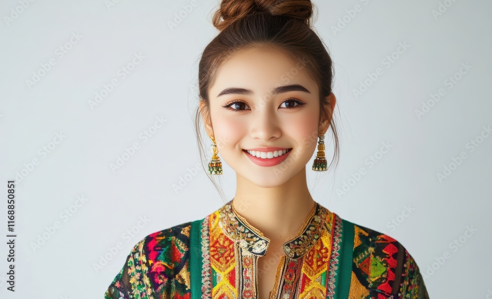 A beautiful young woman poses in traditional Asian dress, symbolizing cultural pride and fashion. The vibrant details and craftsmanship of the attire emphasize Asia rich heritage. A beautiful young woman poses in traditional Asian dress, symbolizing cultural pride and fashion. The vibrant details and craftsmanship of the attire emphasize Asia rich heritage.