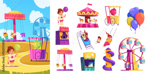 Hand Drawn cartoon amusement park illustration and icons set