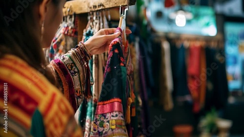 Wallpaper Mural A close-up of a woman admiring an intricately designed handwoven garment adorned with colorful patterns and tassels in a vibrant market setting Torontodigital.ca