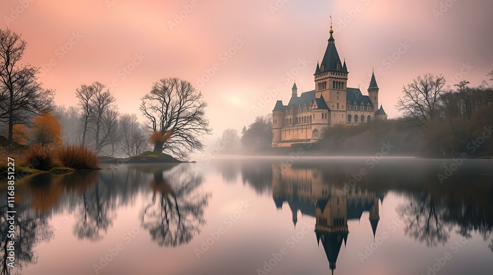 Fototapeta premium Castle in a mystical mood reflected in the lake