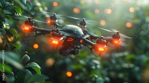 Futuristic Drone in Orchard with Holographic Technology. Generative AI photo