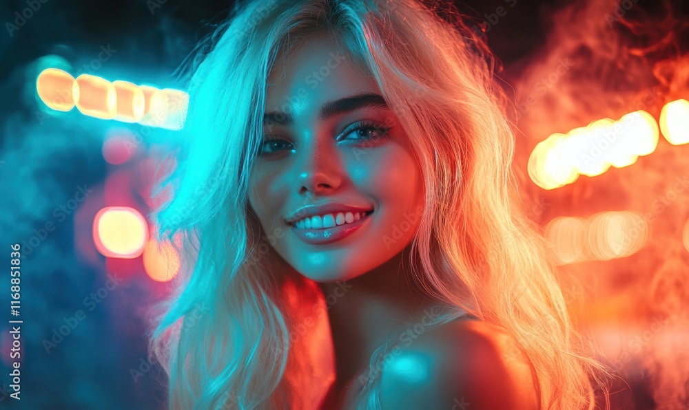 a blonde woman with vibrant neon lighting, featuring a mix of pink and blue hues. The smoke effects around her create a dreamy and fantasy-like atmosphere. a blonde woman with vibrant neon lighting, featuring a mix of pink and blue hues. The smoke effects around her create a dreamy and fantasy-like atmosphere.
