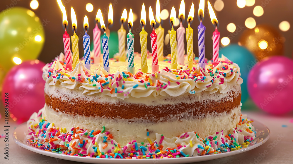 Celebration birthday cake with colorful sprinkles and twenty one colorful birthday candles
Celebration birthday cake with colorful sprinkles and twenty one colorful birthday candles