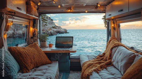 Inside the camper van mobile home, a table with an ocean sea vista complements the laptop computer and connectivity features, illustrating the concept of smart working as an alternative office and