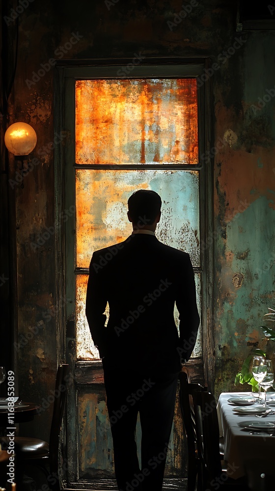 Man in Suit Stands Before Old Window
