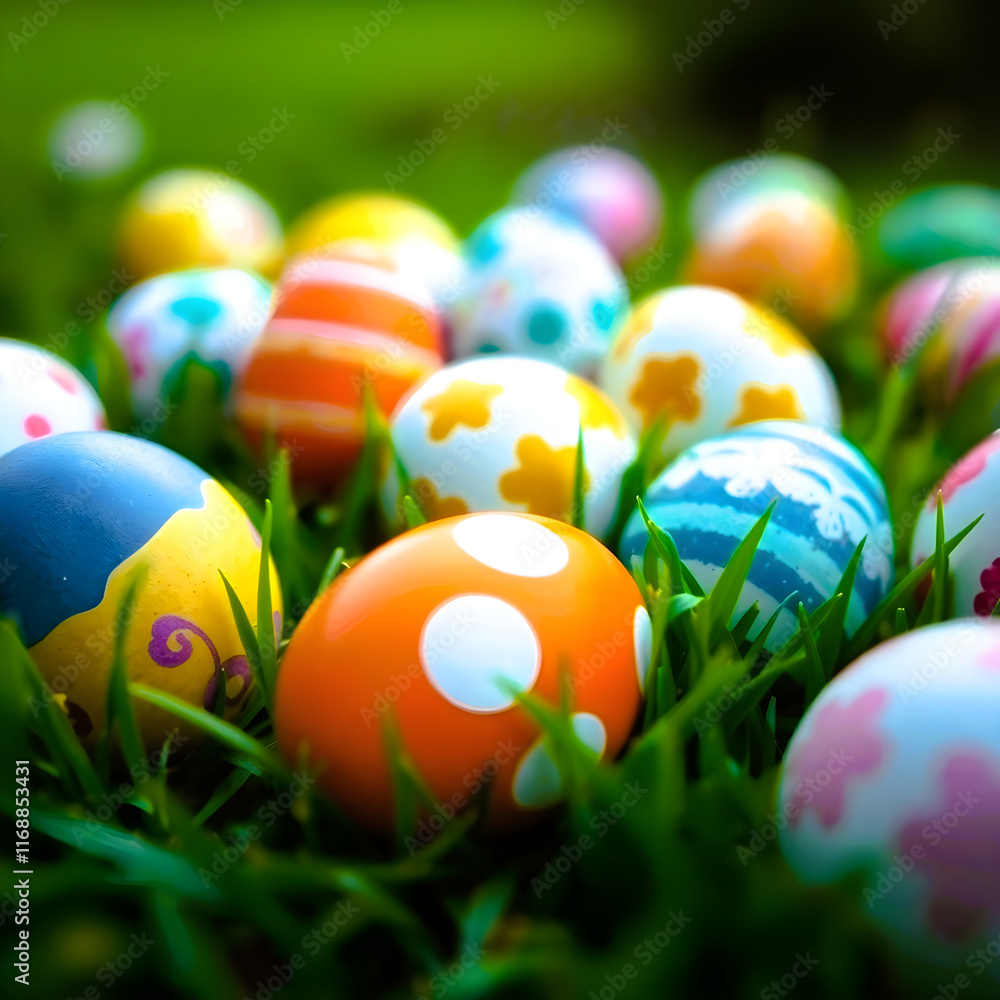 Painted Easter Eggs in Vibrant Green Spring Grass Painted Easter Eggs in Vibrant Green Spring Grass