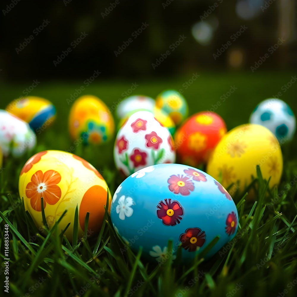 Painted Easter Eggs in Vibrant Green Spring Grass Painted Easter Eggs in Vibrant Green Spring Grass