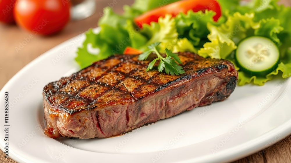 A delicious grilled steak served on a white plate with a fresh side salad of lettuce, tomatoes, and cucumber A delicious grilled steak served on a white plate with a fresh side salad of lettuce, tomatoes, and cucumber