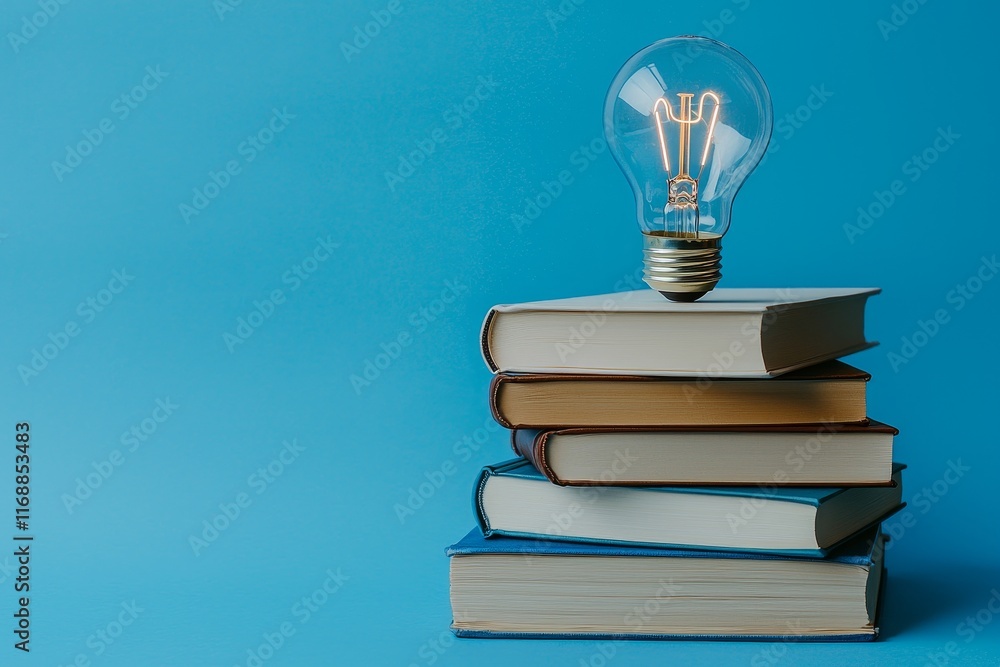 Glowing lightbulb or bright lamp accompanied by a book or textbook. Skill enhancement for students or businesspeople. Online studying and training courses from home. Business success ideas and Glowing lightbulb or bright lamp accompanied by a book or textbook. Skill enhancement for students or businesspeople. Online studying and training courses from home. Business success ideas and