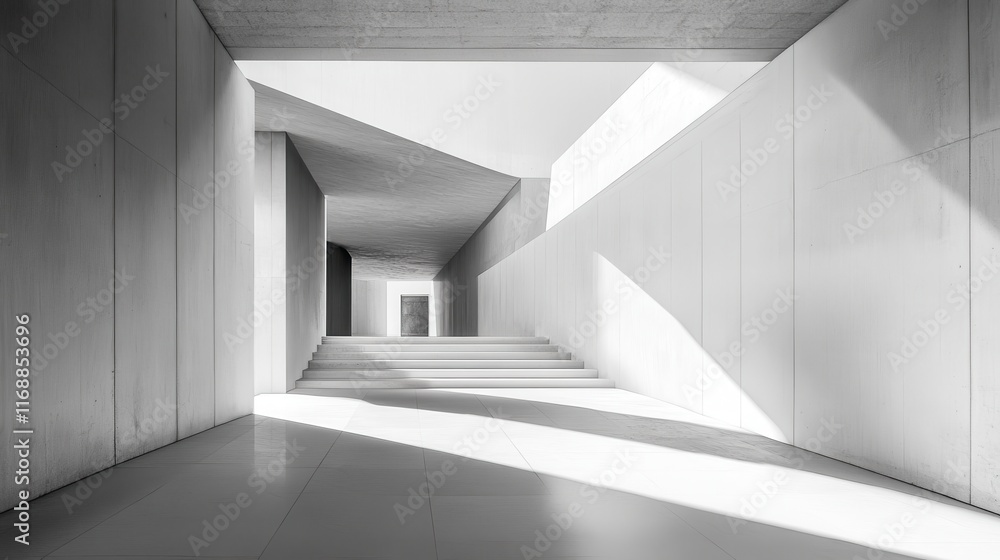 Fototapeta premium A long, narrow hallway with a white wall and a white floor