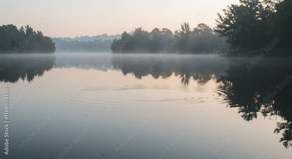 Foggy Lake at Dawn with Reflections and Trees Foggy Lake at Dawn with Reflections and Trees