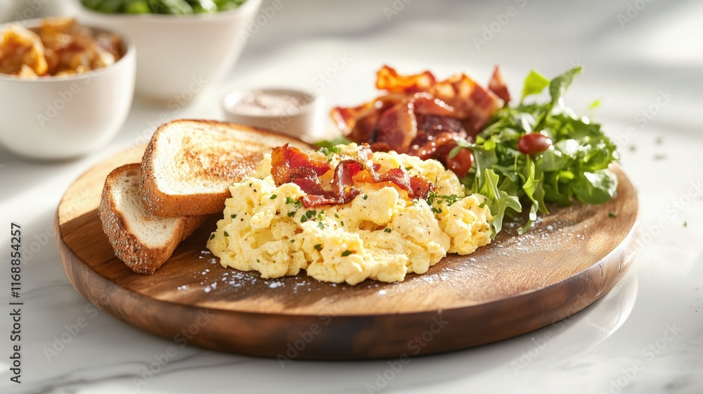 Delicious breakfast platter with scrambled eggs and bacon Delicious breakfast platter with scrambled eggs and bacon