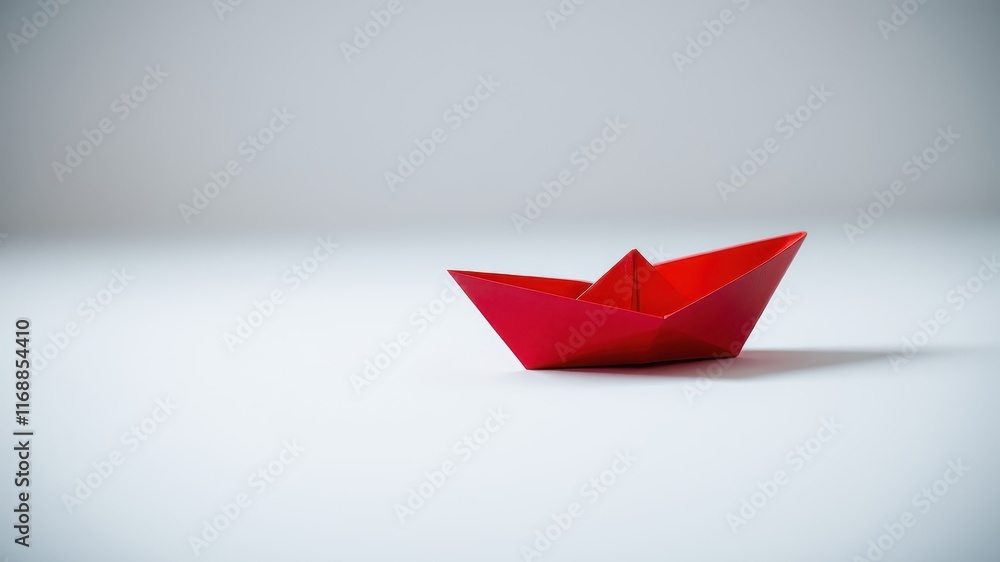 A Single Red Origami Boat on a White Surface Representing Minimalism and Hope A Single Red Origami Boat on a White Surface Representing Minimalism and Hope
