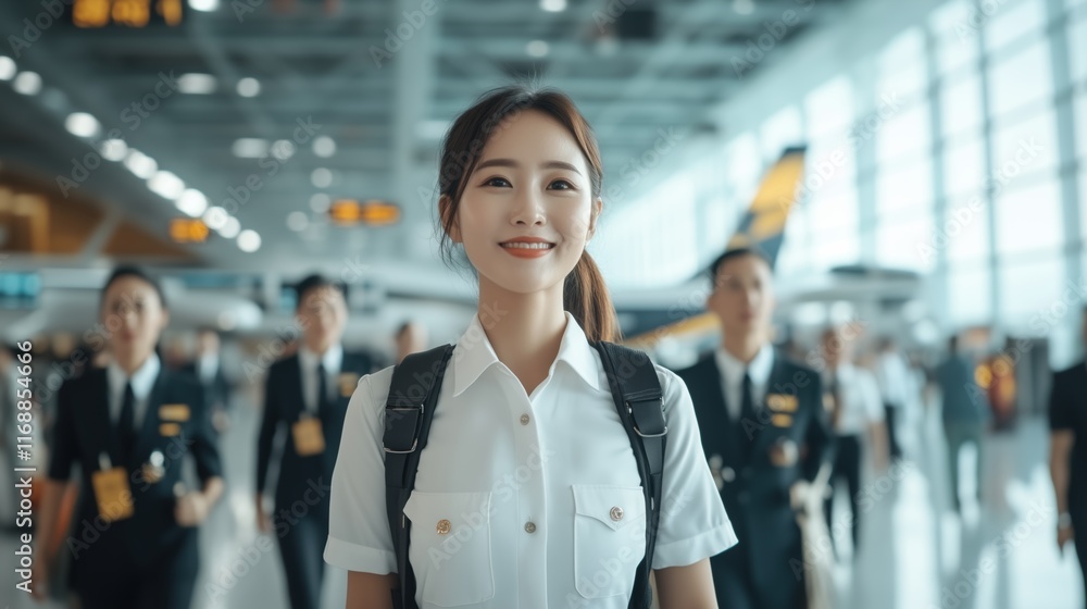 Fototapeta premium Confident female pilot at bustling airport terminal