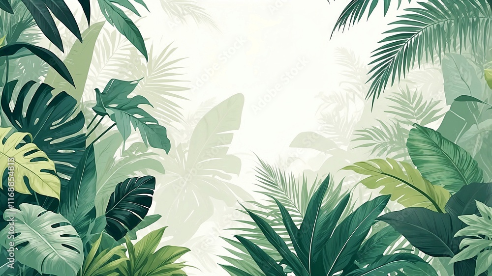 Fototapeta premium A lush, vibrant jungle background filled with dense foliage, towering trees, and tropical plants. The scene is rich with various shades of green, from deep emerald and olive tones to bright lime 
