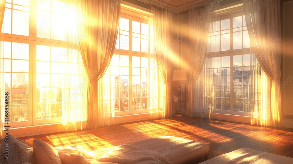 Sunlit serenity morning light streaming through elegant windows in urban apartment Sunlit serenity morning light streaming through elegant windows in urban apartment