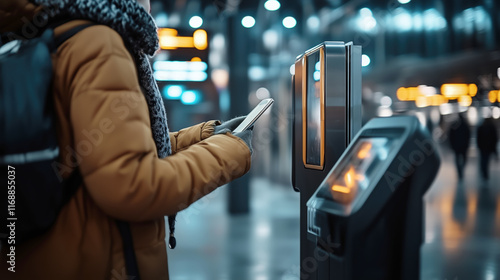 Commuter using a smartphone at a modern transit station