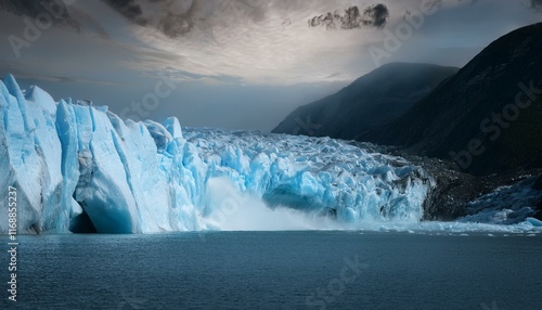 A scene where a glacier collapses due to global warming, causing huge ice blocks to fall photo