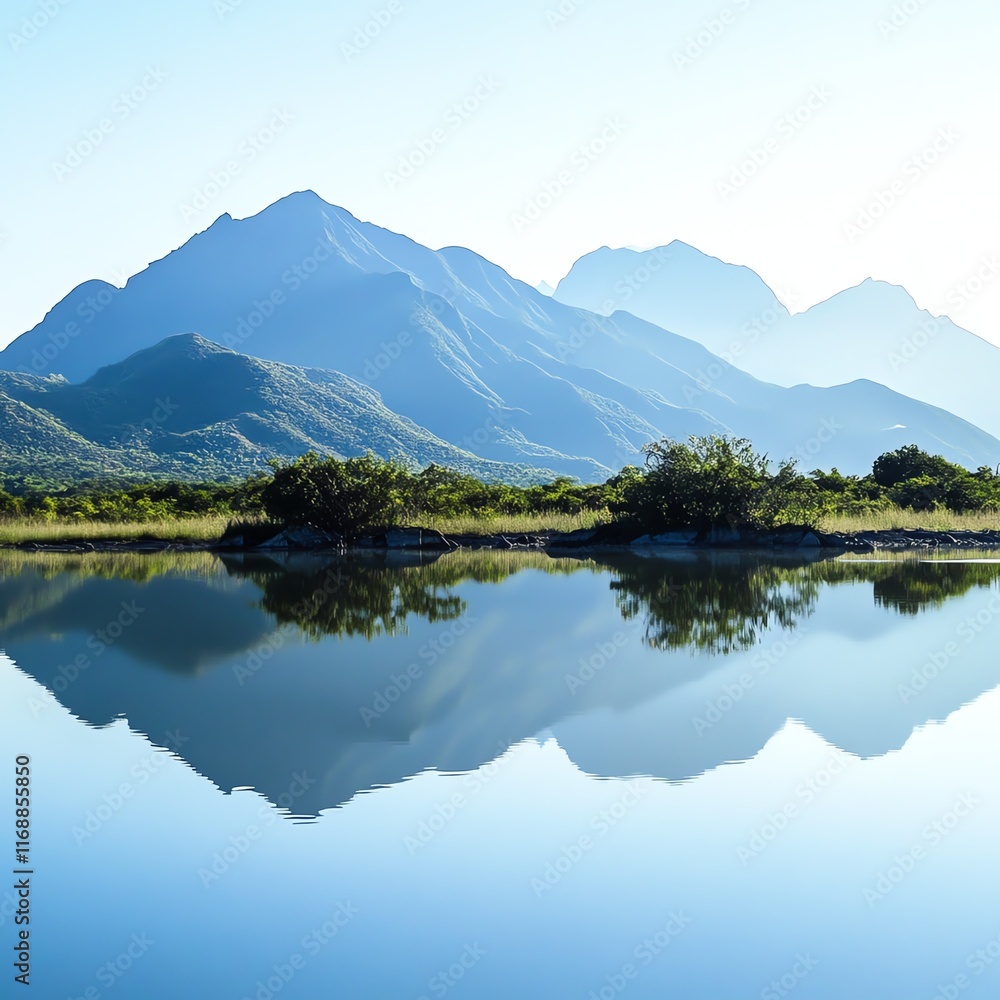 Stunning mountains and clear reflections on tranquil lake under bright sky. Stunning mountains and clear reflections on tranquil lake under bright sky.
