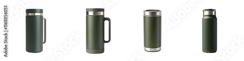 Green thermos cup with handle PNG set, Stainless Steel Insulated Mug Isolated