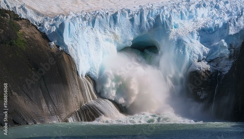 A scene where a glacier collapses due to global warming, causing huge ice blocks to fall photo