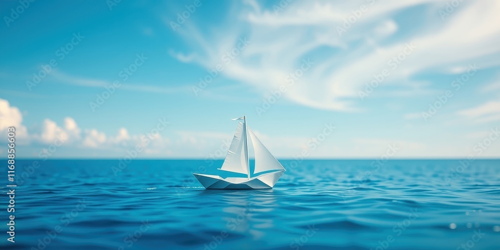 Obraz premium A tiny paper sailboat floats serenely on a calm ocean under a bright, sunny sky