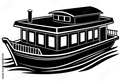 Classic Houseboat on Water - Nautical Vector Illustration

