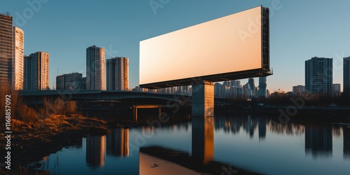 Sunset reflection of a blank billboard in an urban landscape