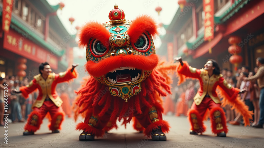 Fototapeta premium Traditional Chinese lion dance captivating the crowd in a festive street celebration.