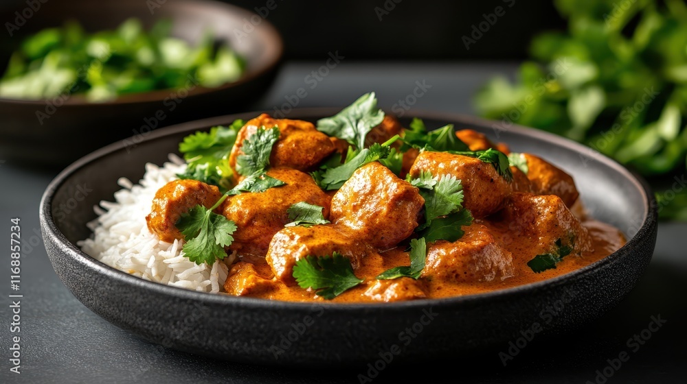 An enticing bowl of chicken curry served on a bed of rice, garnished with fresh herbs, presenting a vibrant and appetizing culinary masterpiece. An enticing bowl of chicken curry served on a bed of rice, garnished with fresh herbs, presenting a vibrant and appetizing culinary masterpiece.