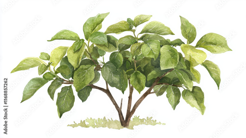 Fototapeta premium Watercolor depiction of lush green mulberry tree with vibrant leaves