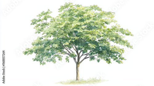 Watercolor depiction of lush green mulberry tree with vibrant leaves