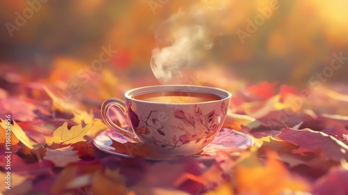 Warm Cup of Tea Surrounded by Autumn Leaves